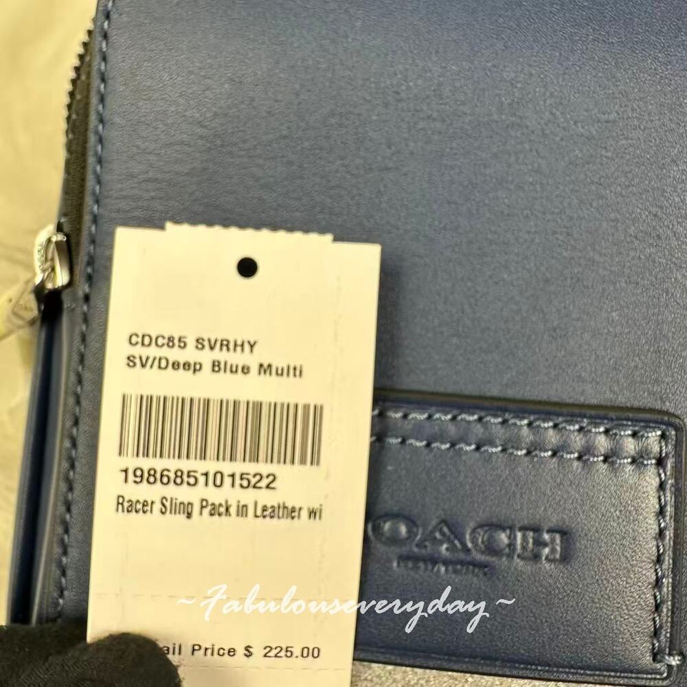 Coach Men's Racer Sling Pack With Varsity Stripe Webbing Leather/Deep Blue CDC85 - Picture 7 of 11